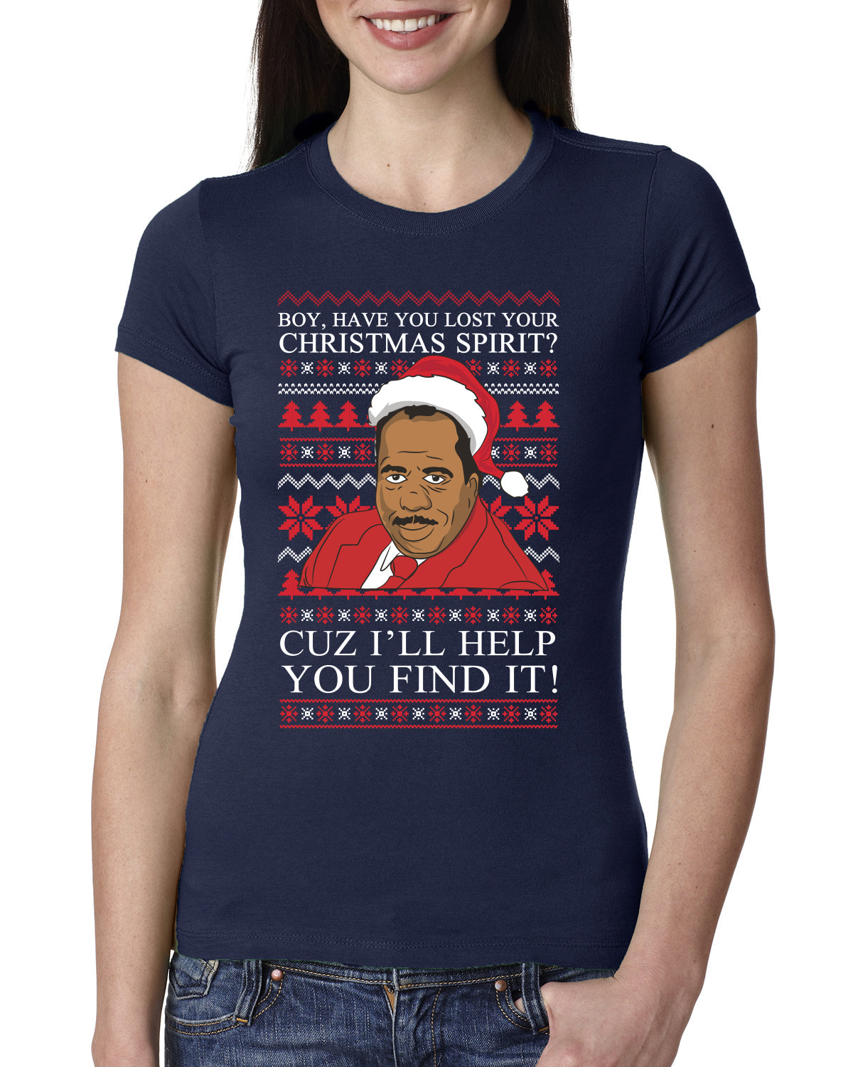 Christmas Spirit I'll Help You Find It Stanley Hudson Ugly Christmas Sweater Womens Slim Fit Junior Tee