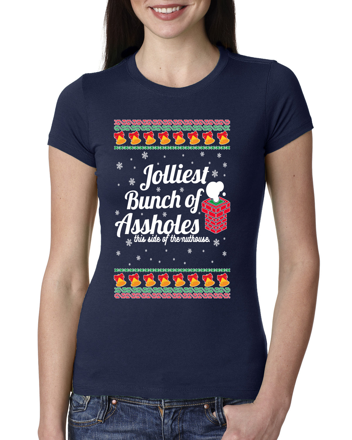 Jolliest Bunch of Assholes Xmas Movie Ugly Christmas Sweater Womens Slim Fit Junior Tee