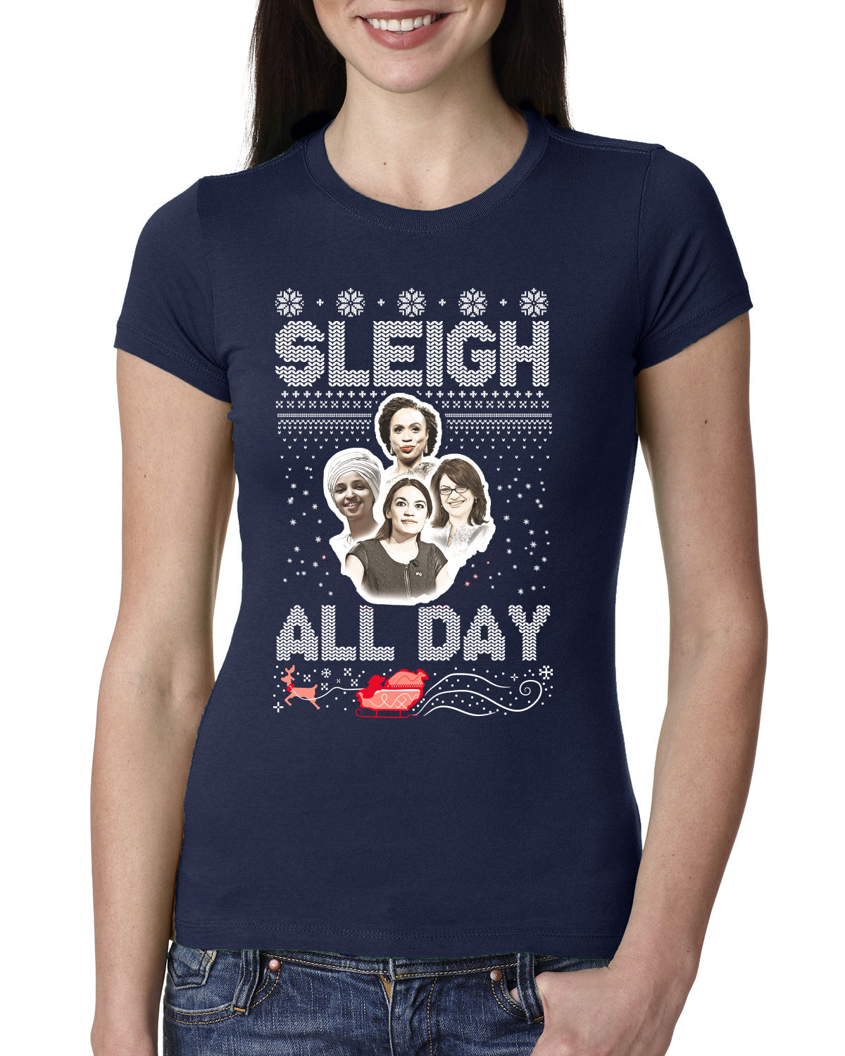 AOC The Squad Congresswomen Sleigh All Day Xmas Ugly Christmas Sweater Womens Slim Fit Junior Tee