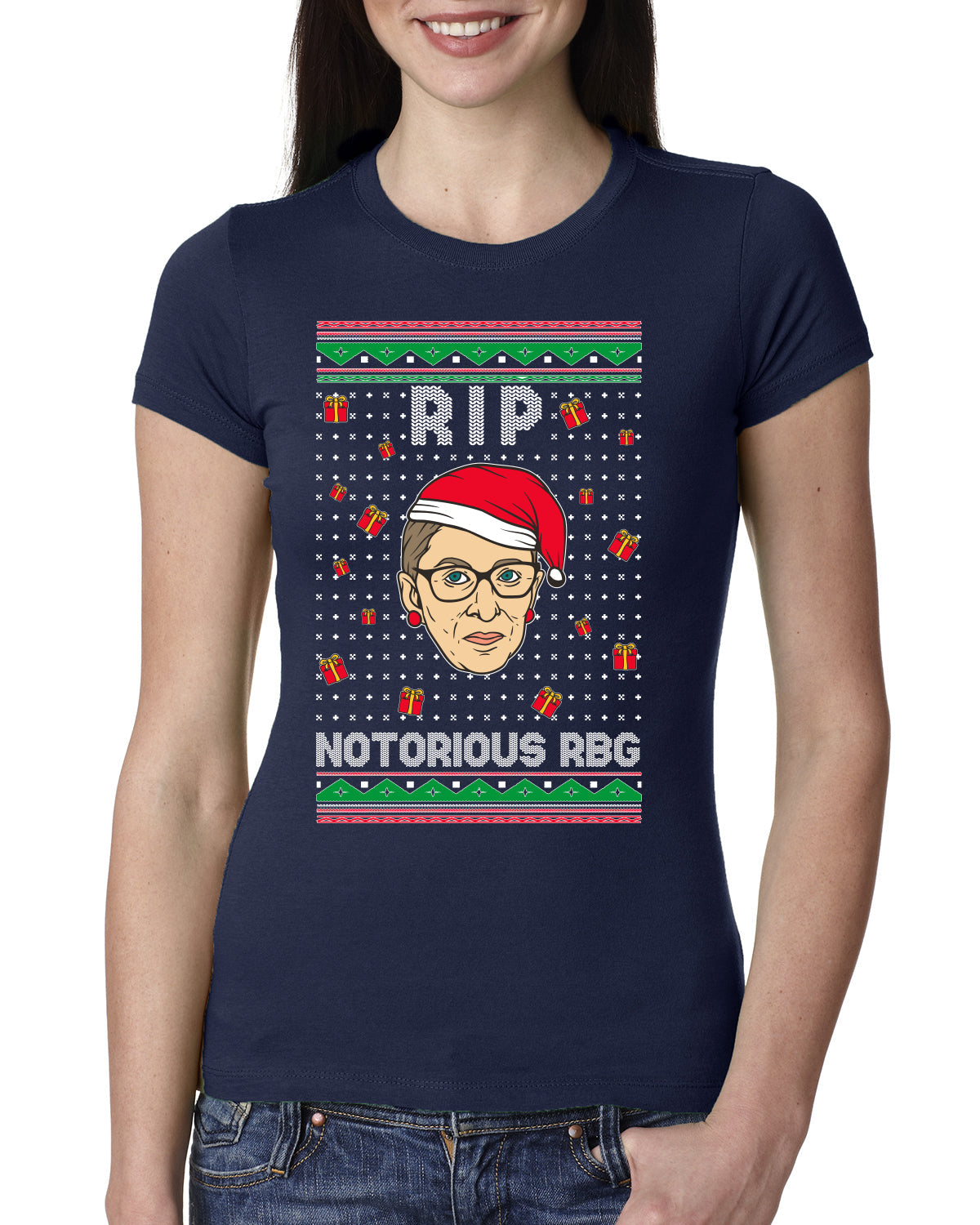 RIP Notorious RBG Ruth Bader Ginsburg Ugly Christmas Sweater Womens Slim Fit Junior Tee