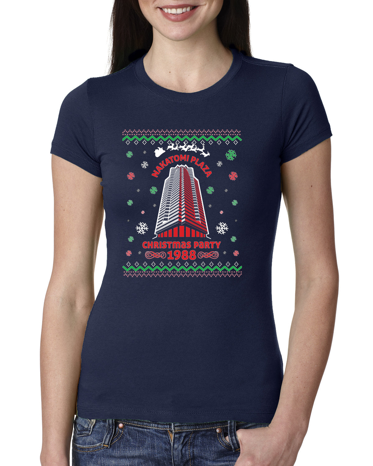 Nakatomi Plaza Christmas Party 1988 Ugly Christmas Sweater Womens Slim Fit Junior Tee