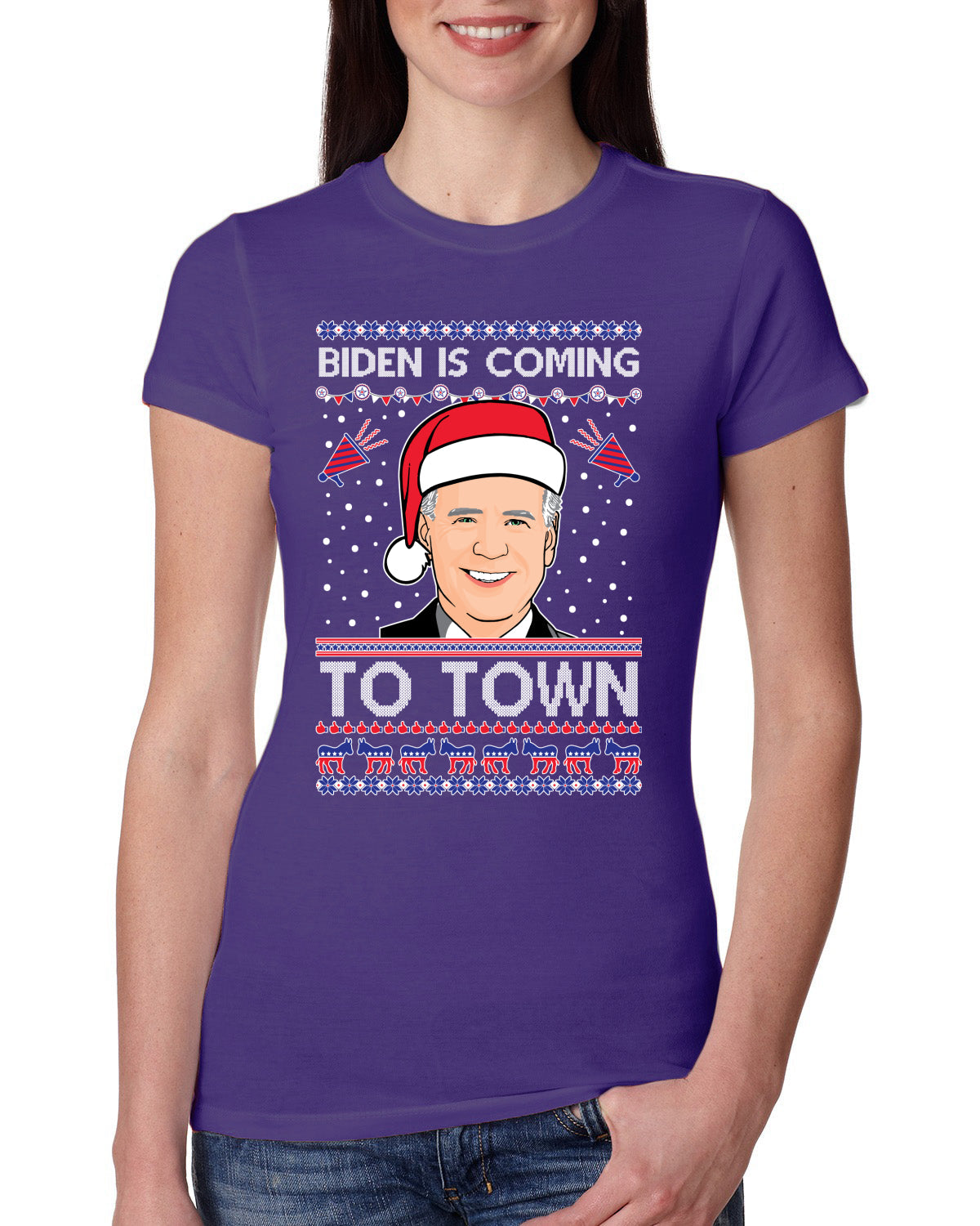 Biden Is Coming To Town Ugly Christmas Sweater Womens Slim Fit Junior Tee