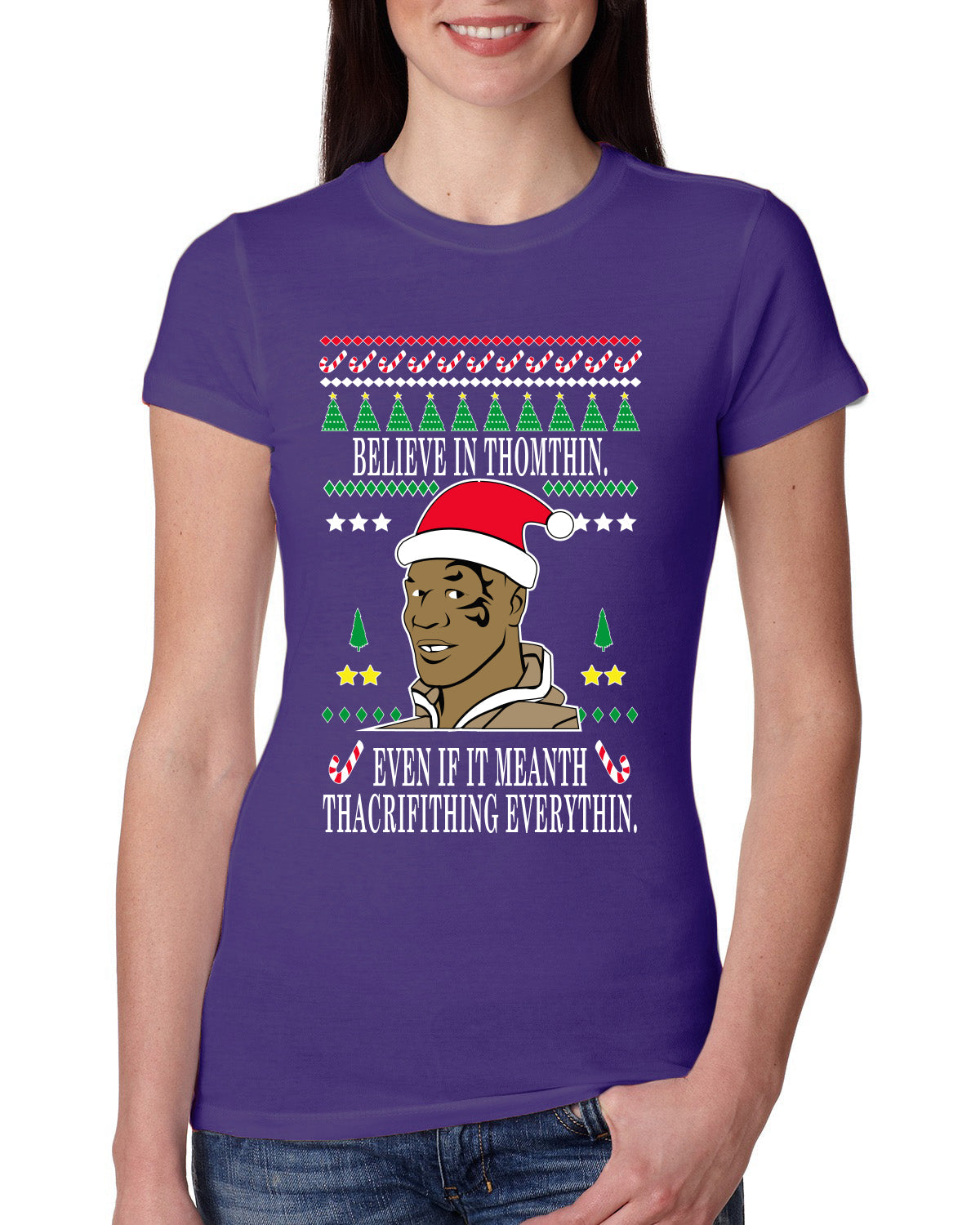 Lisp Believe In Thomthin Thacrifithing Everythin Ugly Christmas Sweater Womens Slim Fit Junior Tee