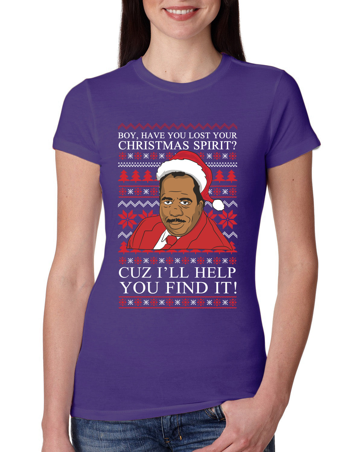 Christmas Spirit I'll Help You Find It Stanley Hudson Ugly Christmas Sweater Womens Slim Fit Junior Tee