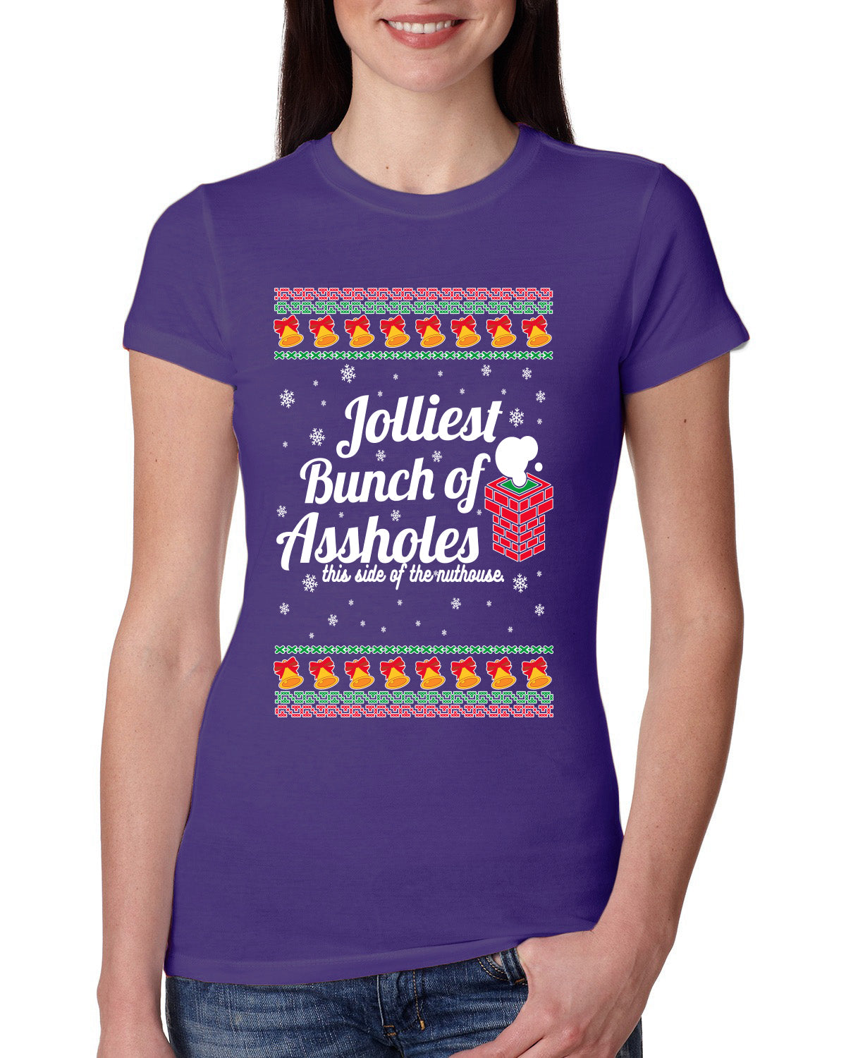 Jolliest Bunch of Assholes Xmas Movie Ugly Christmas Sweater Womens Slim Fit Junior Tee