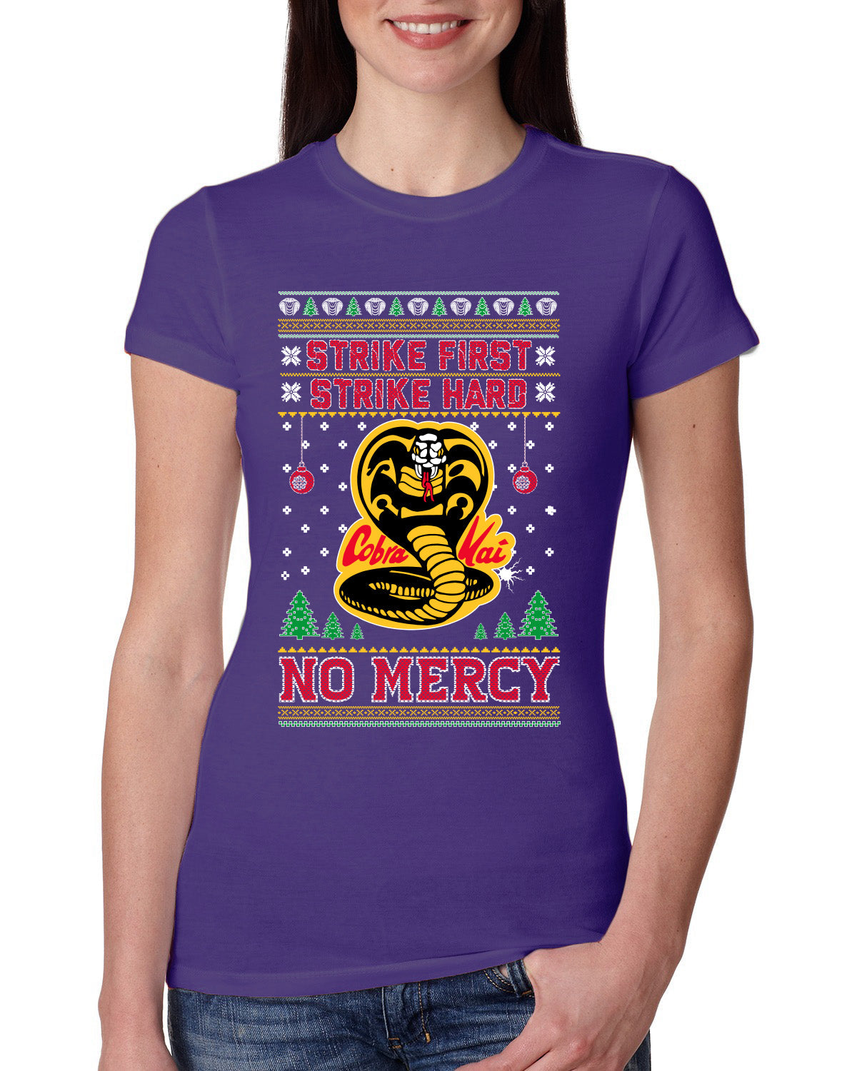Strike First Strike Hard No Mercy Xmas Ugly Christmas Sweater Womens Slim Fit Junior Tee