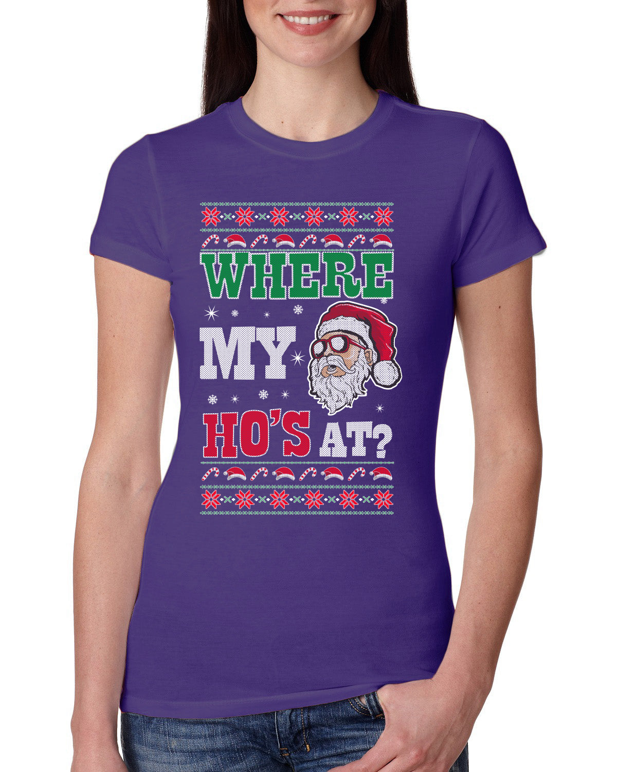 Where my Hos At Santa Funny Ugly Christmas Sweater Womens Slim Fit Junior Tee