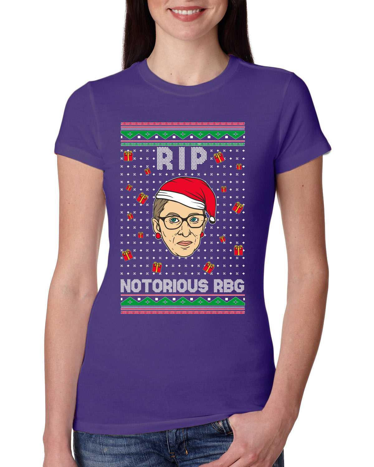 RIP Notorious RBG Ruth Bader Ginsburg Ugly Christmas Sweater Womens Slim Fit Junior Tee