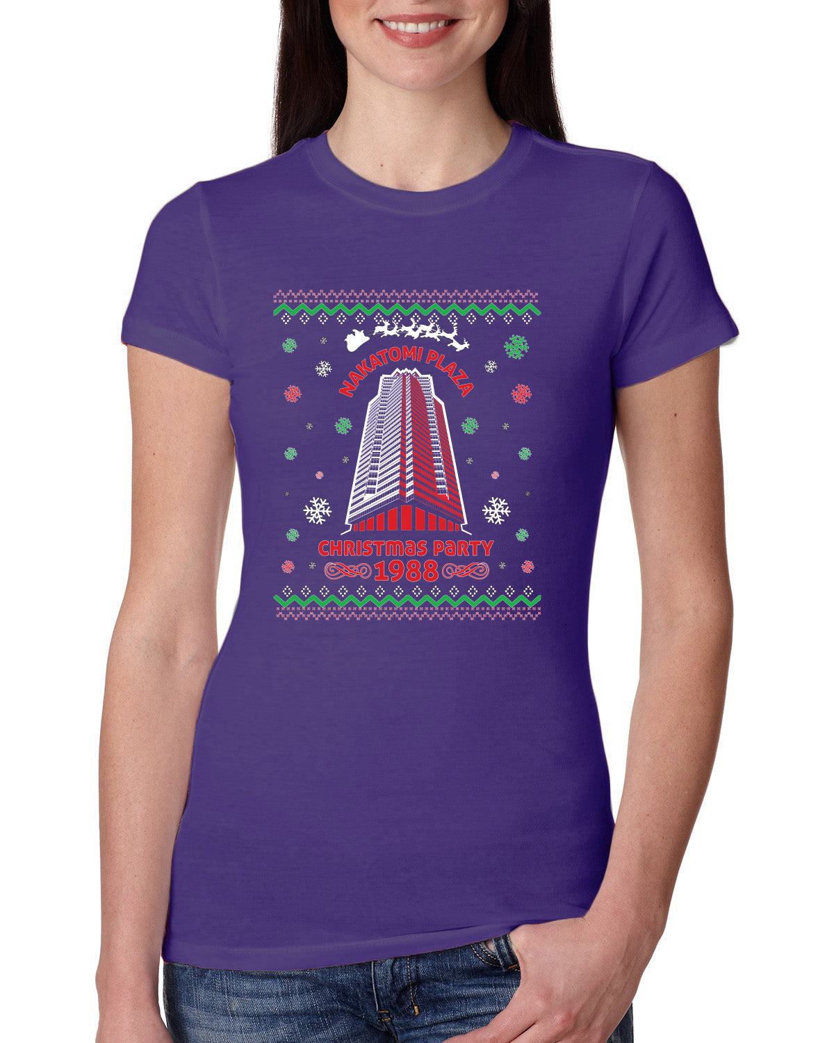 Nakatomi Plaza Christmas Party 1988 Ugly Christmas Sweater Womens Slim Fit Junior Tee