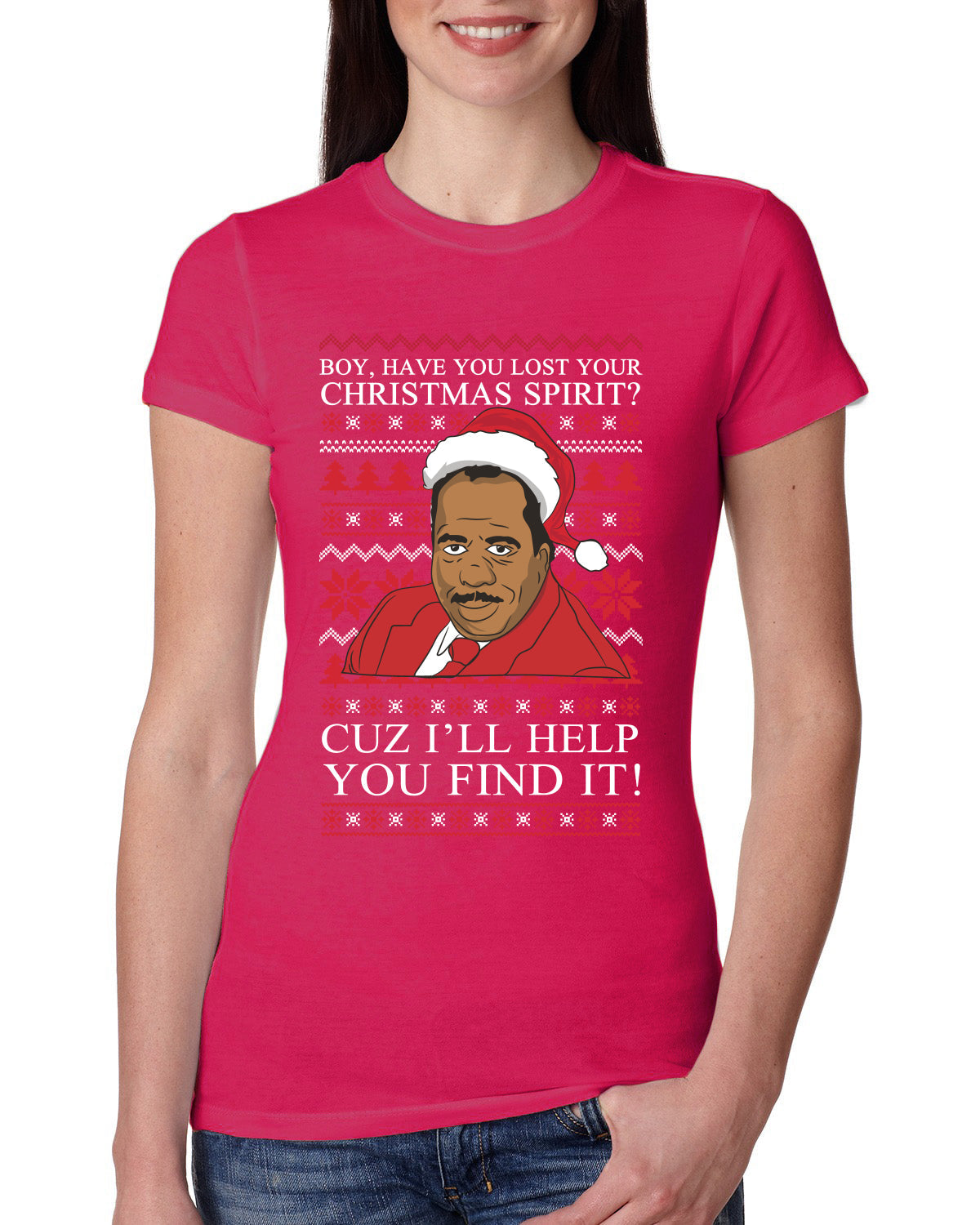 Christmas Spirit I'll Help You Find It Stanley Hudson Ugly Christmas Sweater Womens Slim Fit Junior Tee