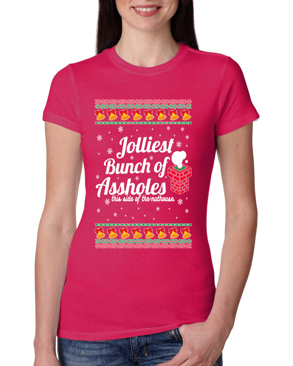 Jolliest Bunch of Assholes Xmas Movie Ugly Christmas Sweater Womens Slim Fit Junior Tee