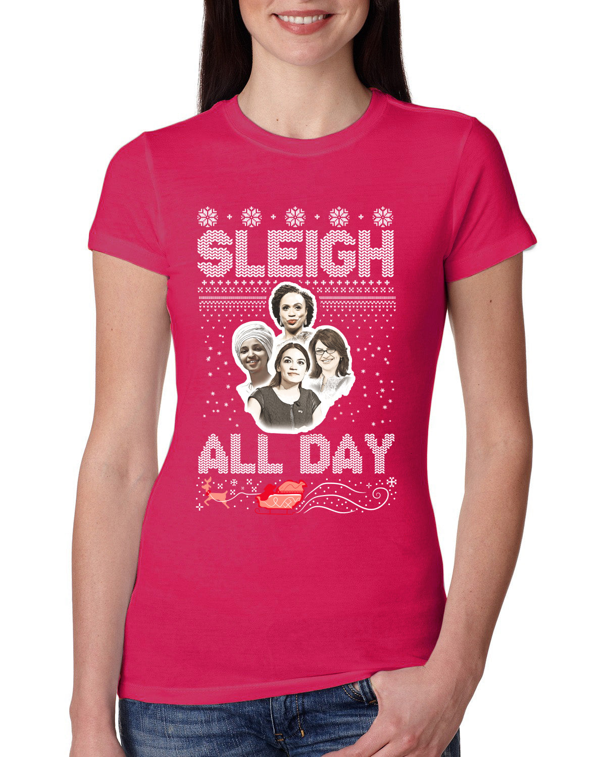 AOC The Squad Congresswomen Sleigh All Day Xmas Ugly Christmas Sweater Womens Slim Fit Junior Tee