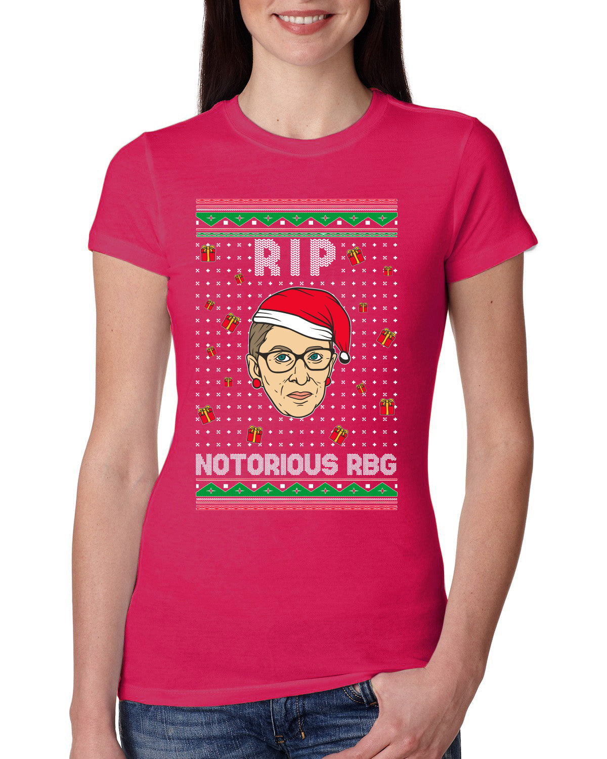 RIP Notorious RBG Ruth Bader Ginsburg Ugly Christmas Sweater Womens Slim Fit Junior Tee