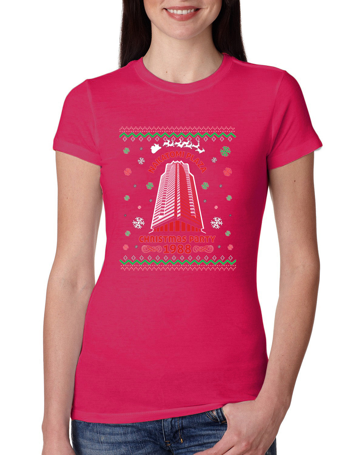 Nakatomi Plaza Christmas Party 1988 Ugly Christmas Sweater Womens Slim Fit Junior Tee