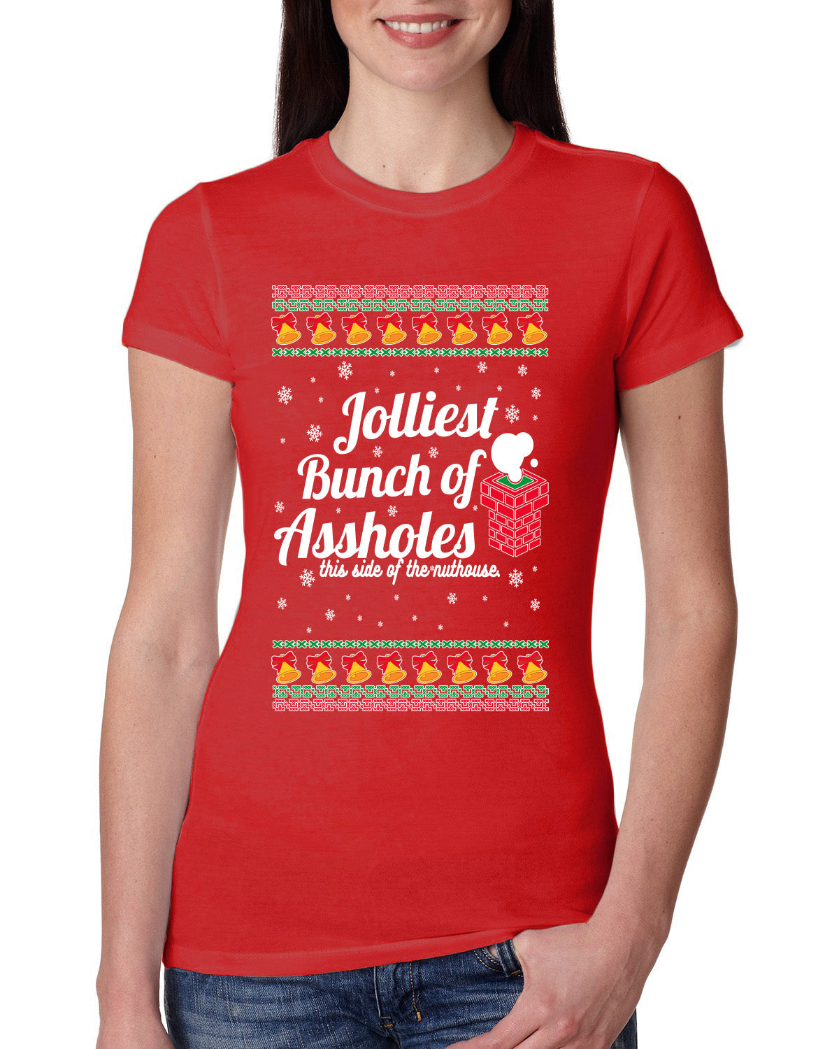 Jolliest Bunch of Assholes Xmas Movie Ugly Christmas Sweater Womens Slim Fit Junior Tee