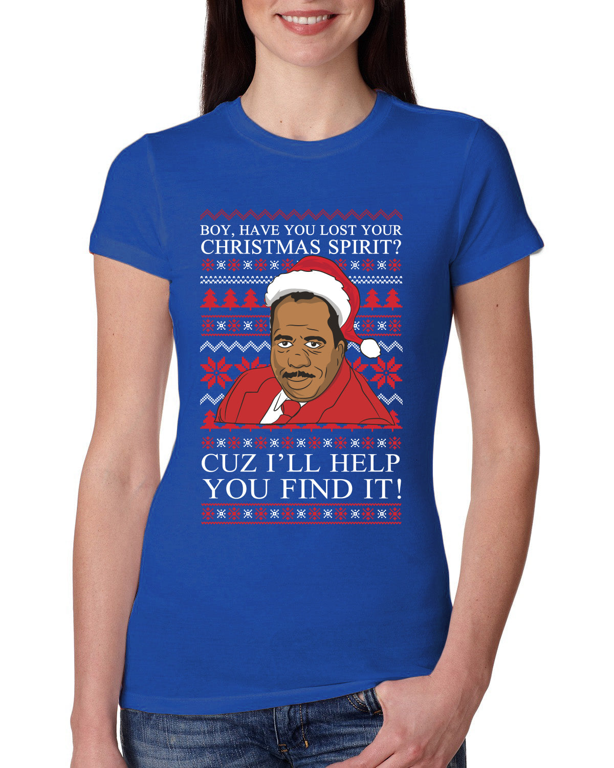 Christmas Spirit I'll Help You Find It Stanley Hudson Ugly Christmas Sweater Womens Slim Fit Junior Tee