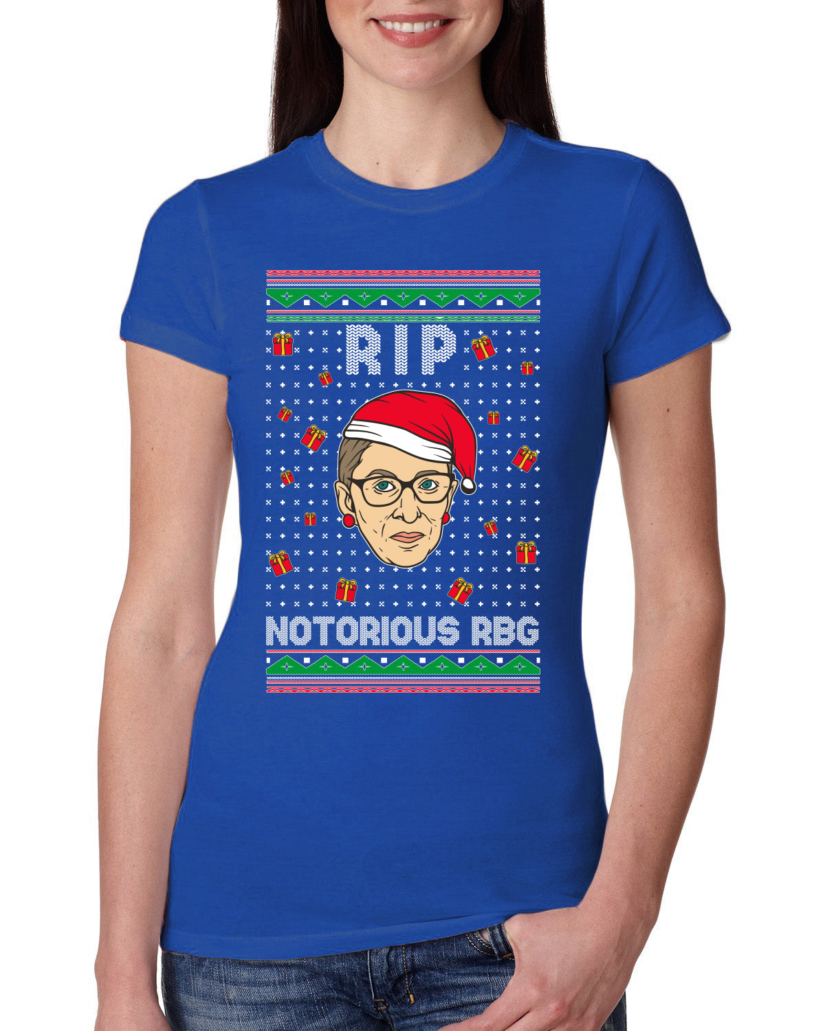 RIP Notorious RBG Ruth Bader Ginsburg Ugly Christmas Sweater Womens Slim Fit Junior Tee