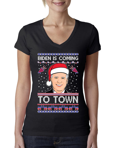 Biden Is Coming To Town Ugly Christmas Sweater Womens Junior Fit V-Neck Tee