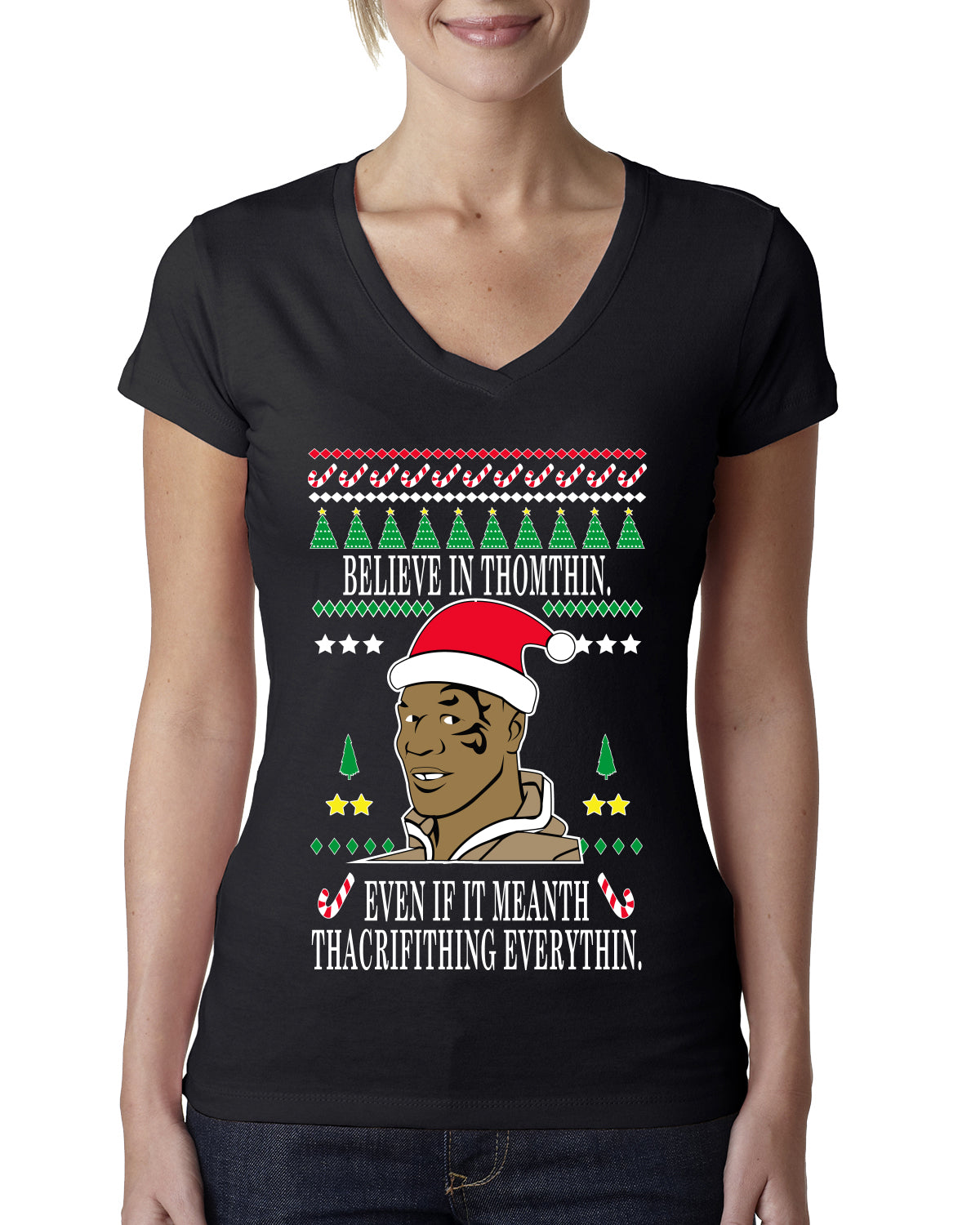 Lisp Believe In Thomthin Thacrifithing Everythin Ugly Christmas Sweater Womens Junior Fit V-Neck Tee