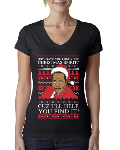 Christmas Spirit I'll Help You Find It Stanley Hudson Ugly Christmas Sweater Womens Junior Fit V-Neck Tee