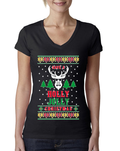 Have A Holly Jolly Christmas Ugly Christmas Sweater Womens Junior Fit V-Neck Tee