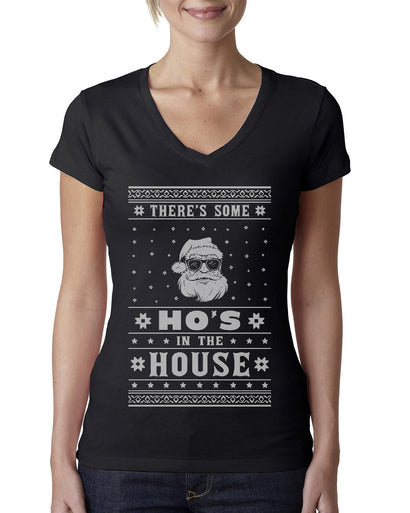 Theres Some Hos in the House Santa Ugly Christmas Sweater Womens Junior Fit V-Neck Tee