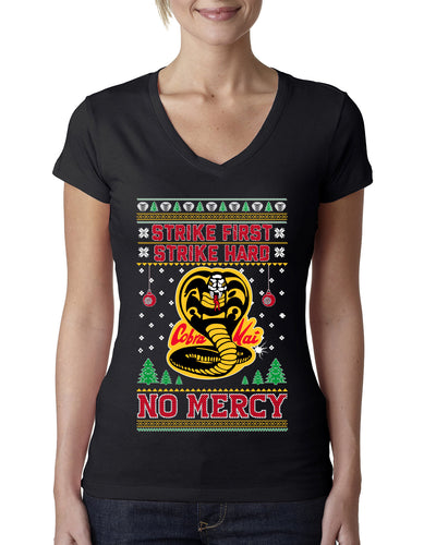 Strike First Strike Hard No Mercy Xmas Ugly Christmas Sweater Womens Junior Fit V-Neck Tee