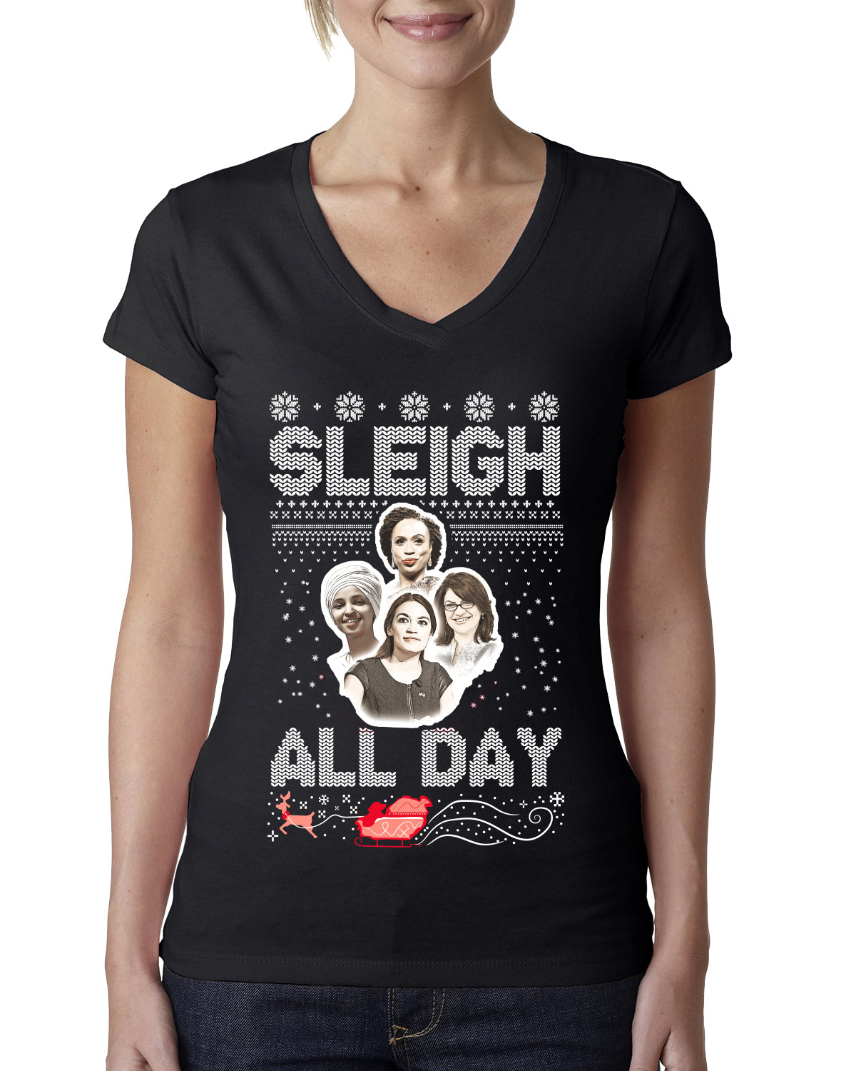 AOC The Squad Congresswomen Sleigh All Day Xmas Ugly Christmas Sweater Womens Junior Fit V-Neck Tee