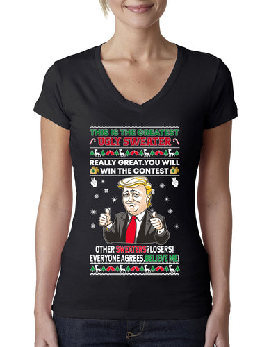 Trump This is the Greatest Ugly Christmas Sweater Womens Junior Fit V-Neck Tee