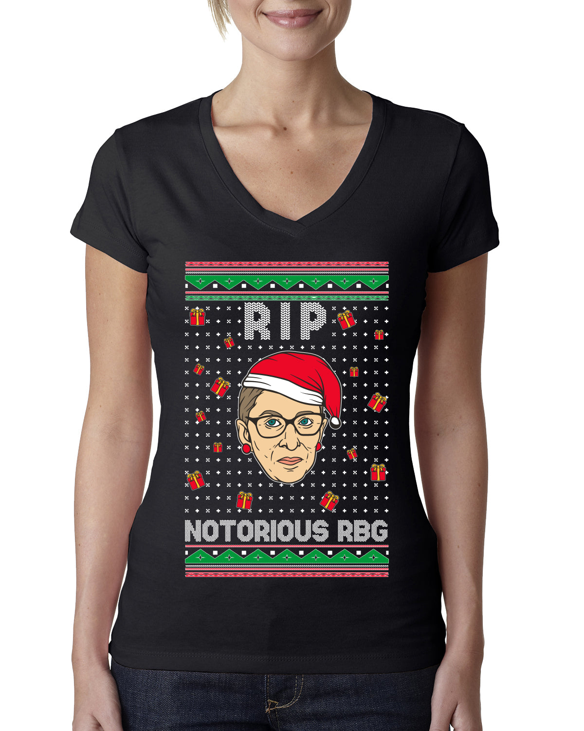 RIP Notorious RBG Ruth Bader Ginsburg Ugly Christmas Sweater Womens Junior Fit V-Neck Tee
