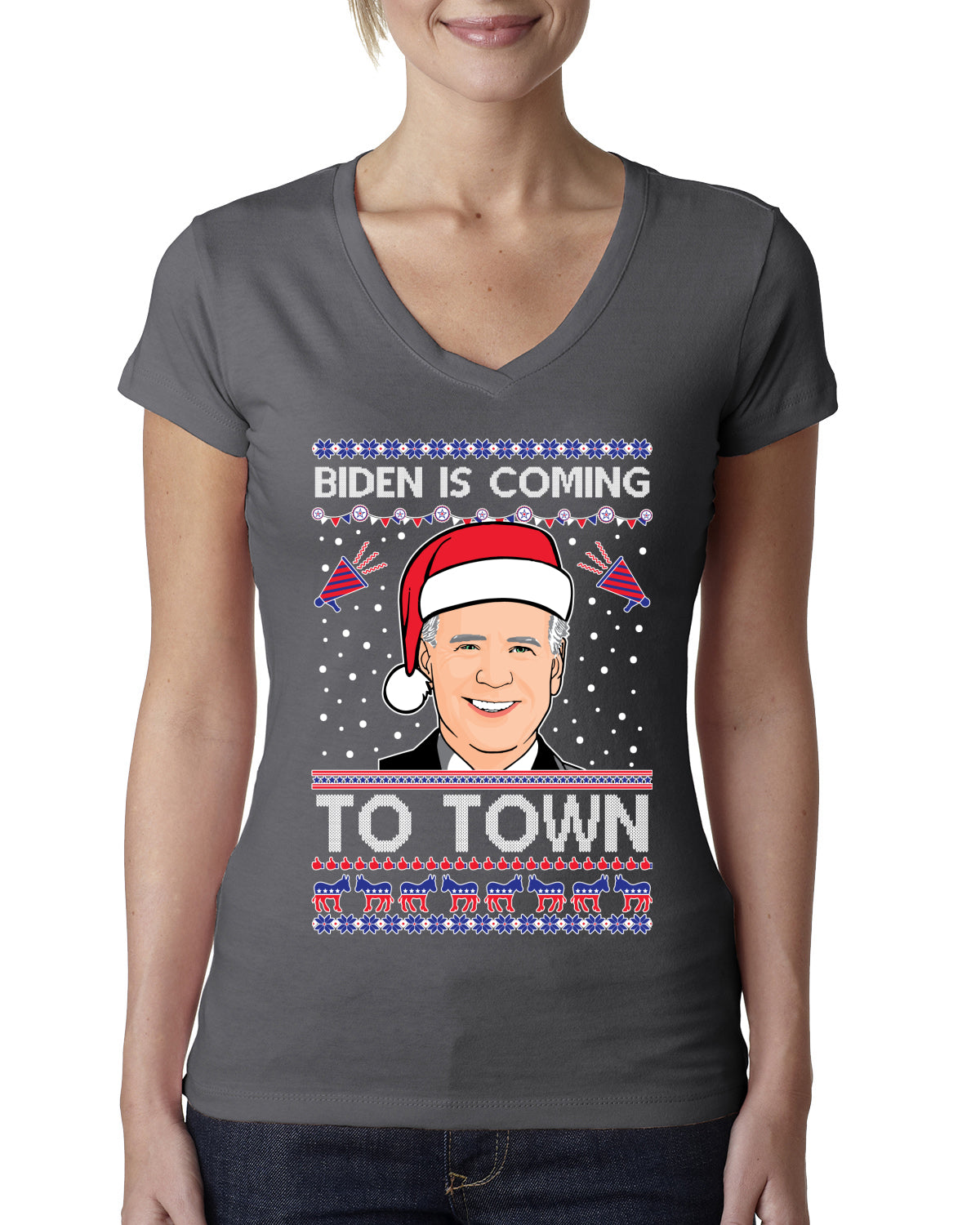 Biden Is Coming To Town Ugly Christmas Sweater Womens Junior Fit V-Neck Tee