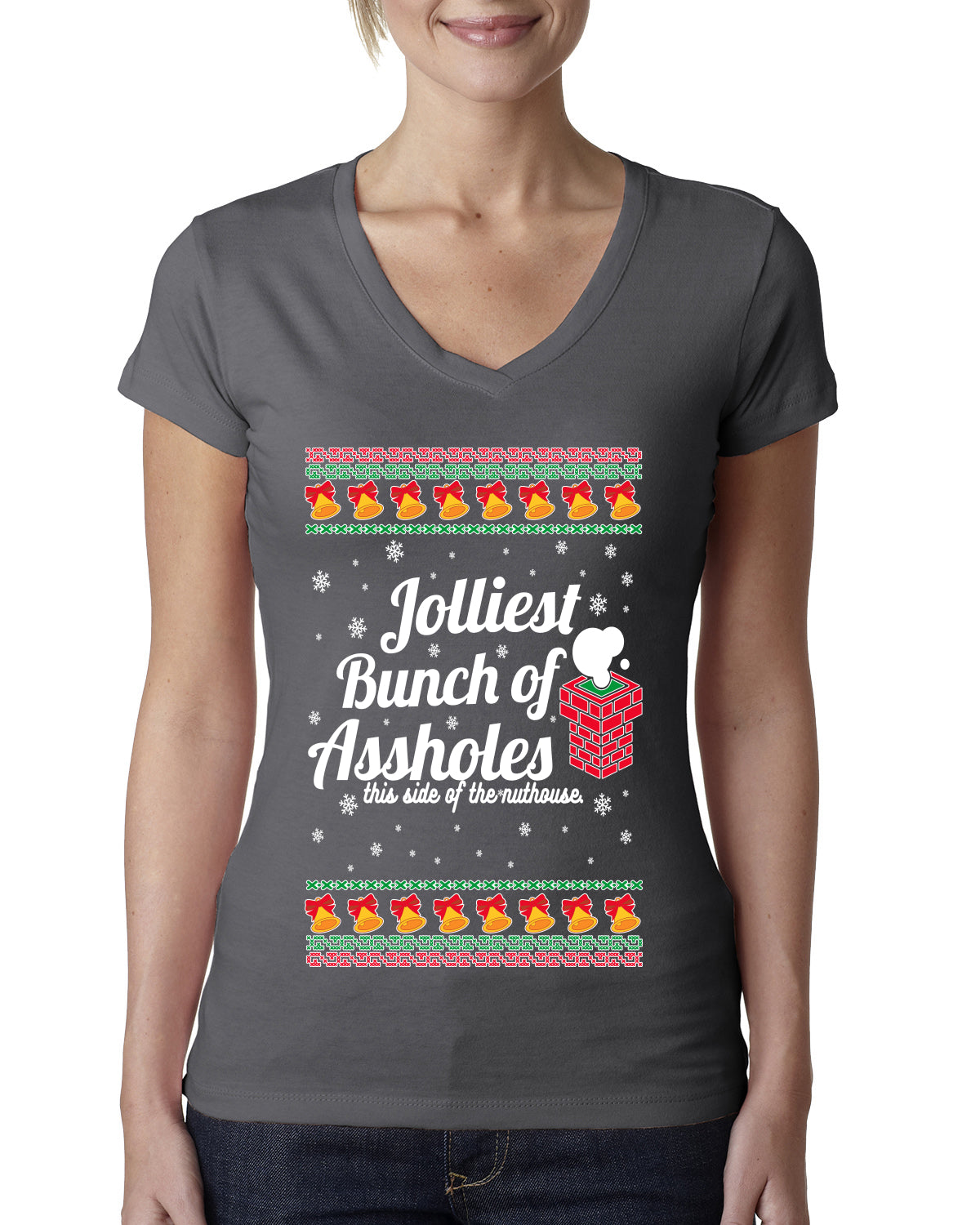Jolliest Bunch of Assholes Xmas Movie Ugly Christmas Sweater Womens Junior Fit V-Neck Tee