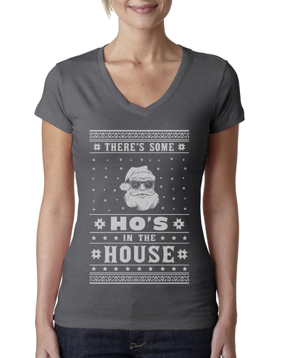 Theres Some Hos in the House Santa Ugly Christmas Sweater Womens Junior Fit V-Neck Tee
