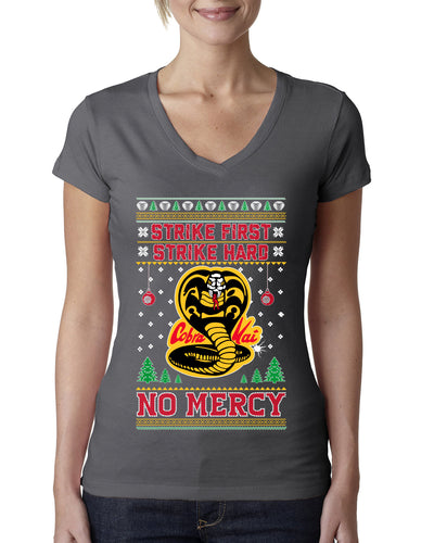 Strike First Strike Hard No Mercy Xmas Ugly Christmas Sweater Womens Junior Fit V-Neck Tee
