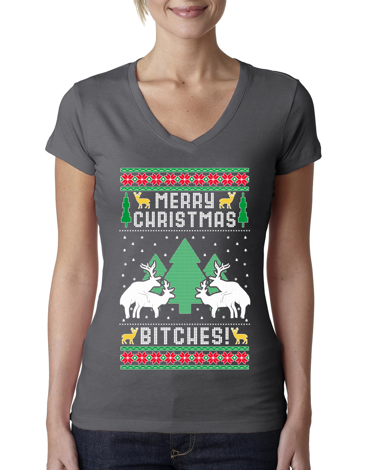 Merry Christmas Bitches Ugly Christmas Sweater Womens Junior Fit V-Neck Tee