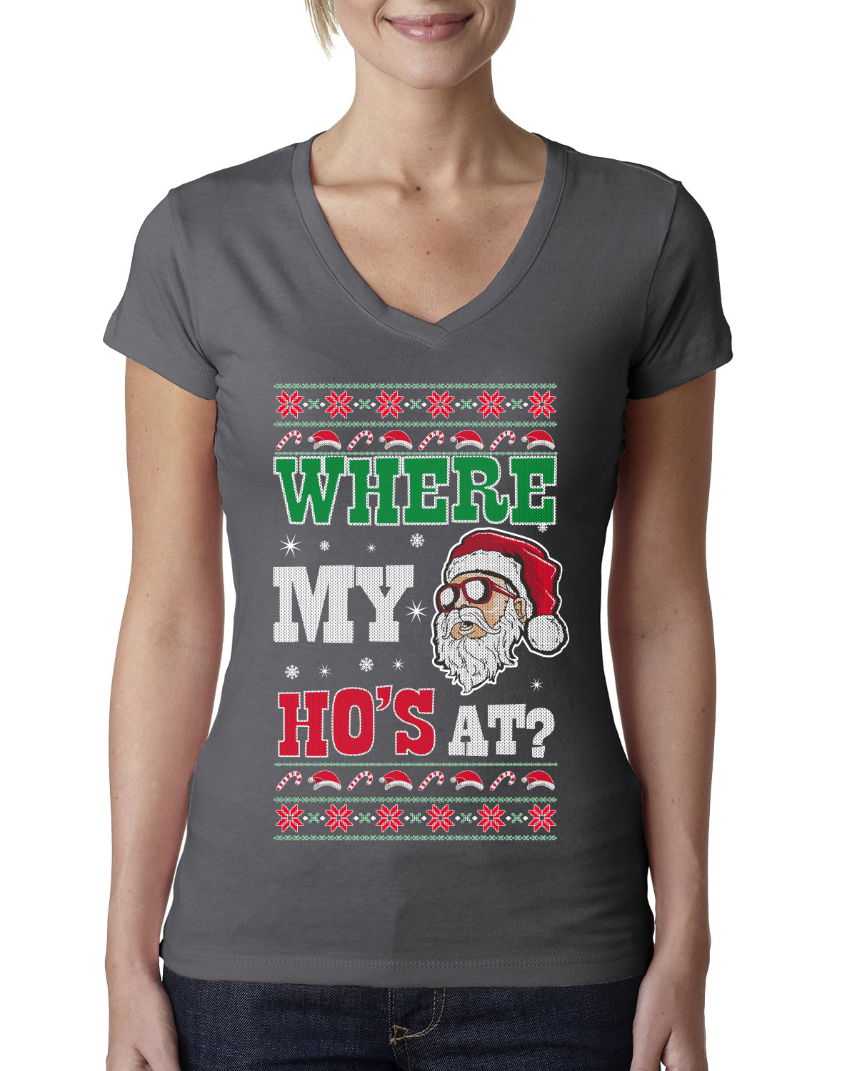 Where my Hos At Santa Funny Ugly Christmas Sweater Womens Junior Fit V-Neck Tee