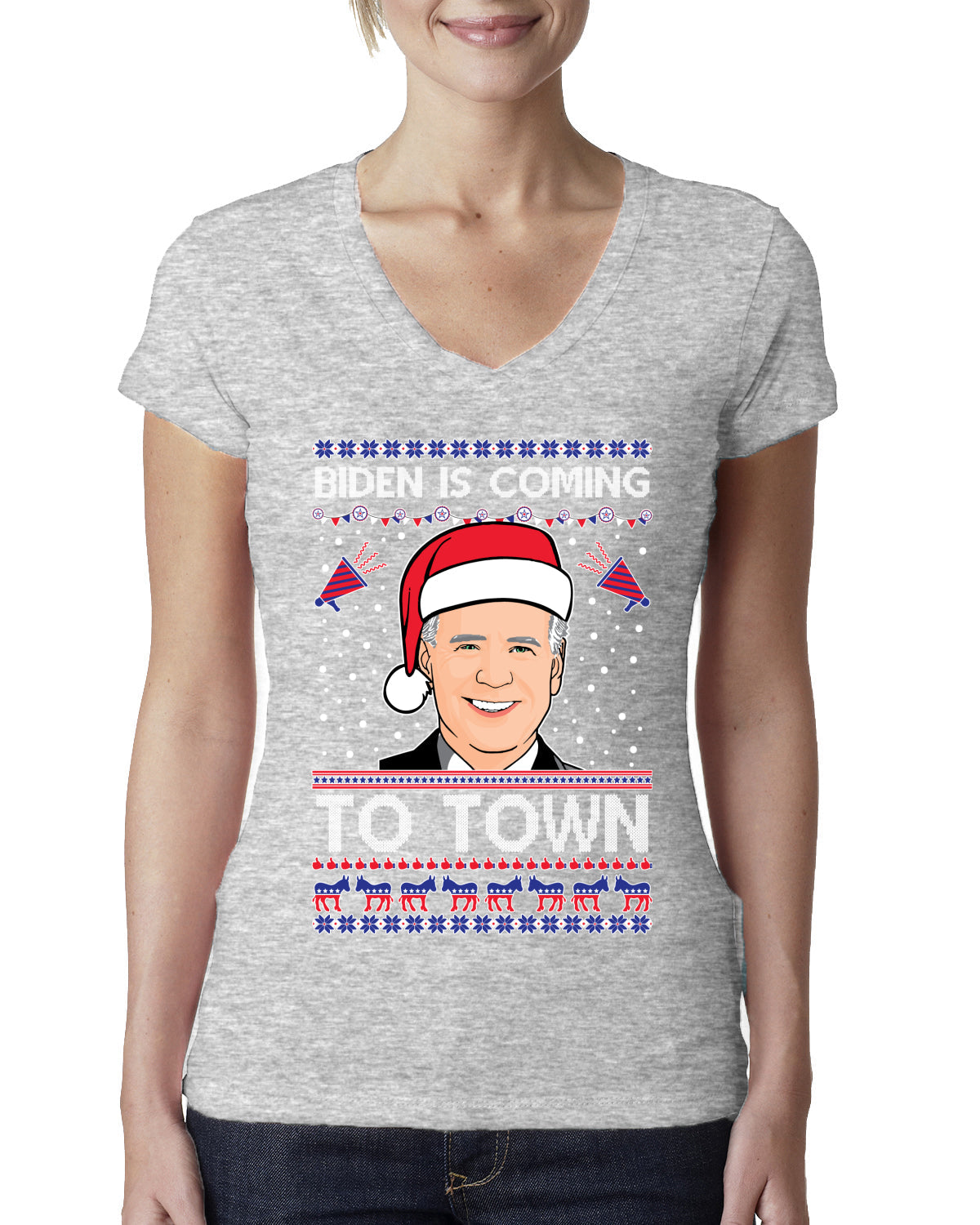 Biden Is Coming To Town Ugly Christmas Sweater Womens Junior Fit V-Neck Tee