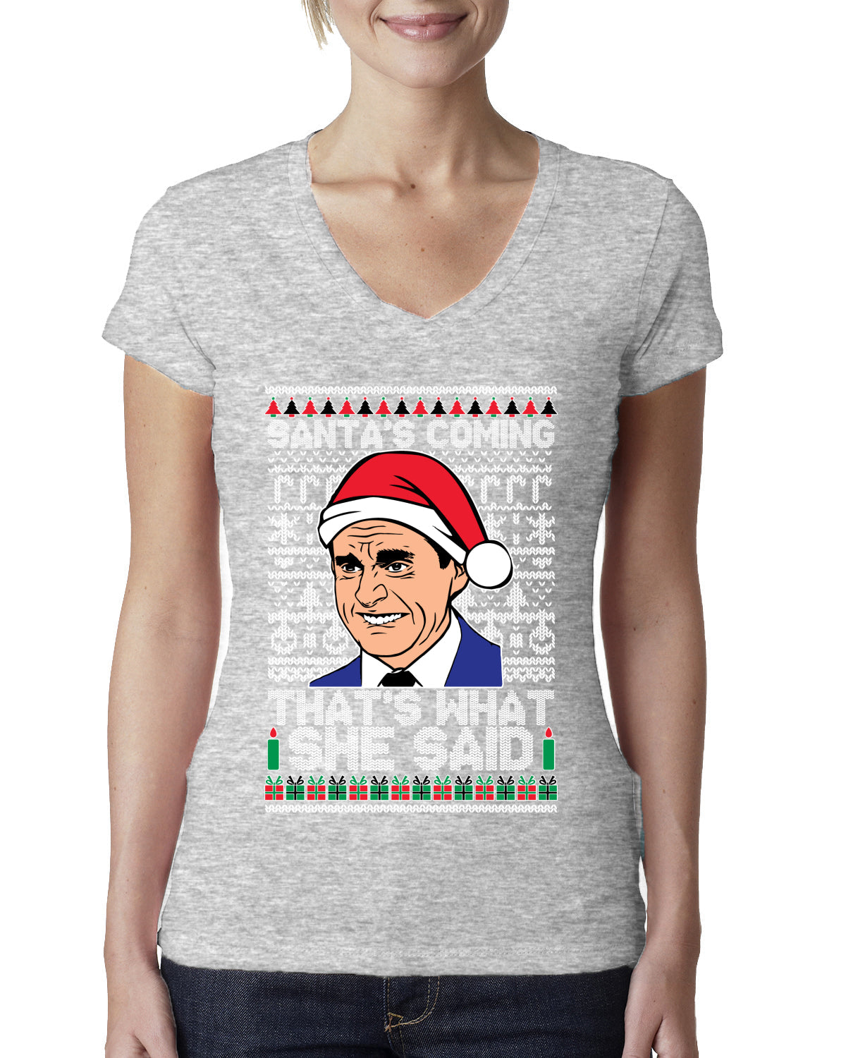 Santas Coming That's What She Said Michael Scott Ugly Christmas Sweater Womens Junior Fit V-Neck Tee