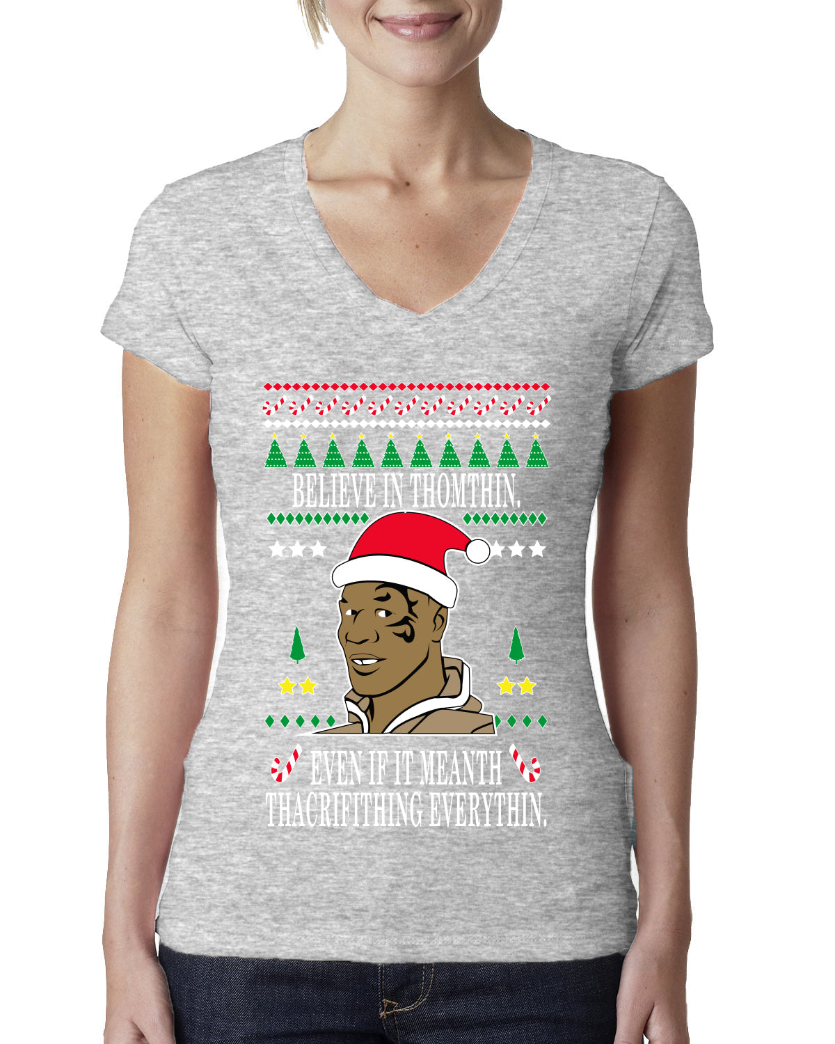 Lisp Believe In Thomthin Thacrifithing Everythin Ugly Christmas Sweater Womens Junior Fit V-Neck Tee