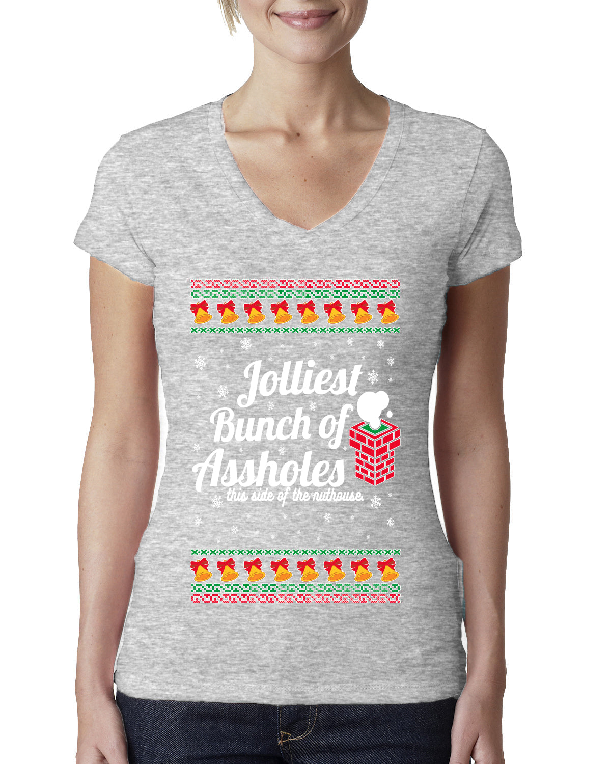 Jolliest Bunch of Assholes Xmas Movie Ugly Christmas Sweater Womens Junior Fit V-Neck Tee