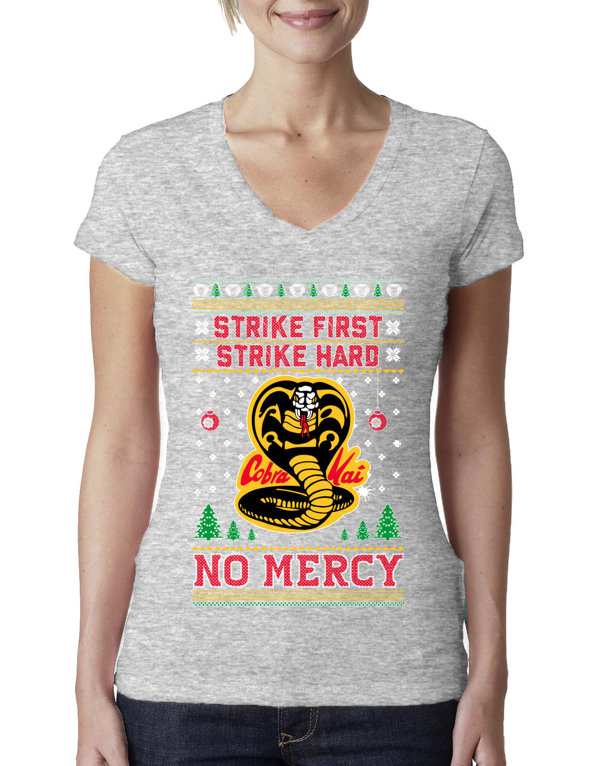 Strike First Strike Hard No Mercy Xmas Ugly Christmas Sweater Womens Junior Fit V-Neck Tee