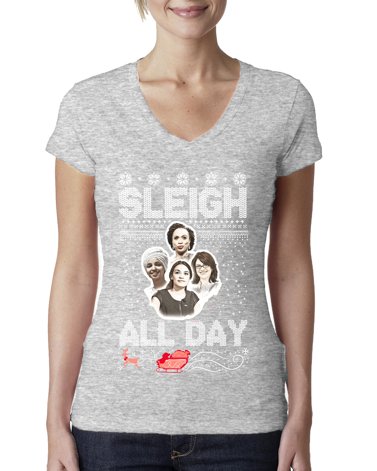 AOC The Squad Congresswomen Sleigh All Day Xmas Ugly Christmas Sweater Womens Junior Fit V-Neck Tee