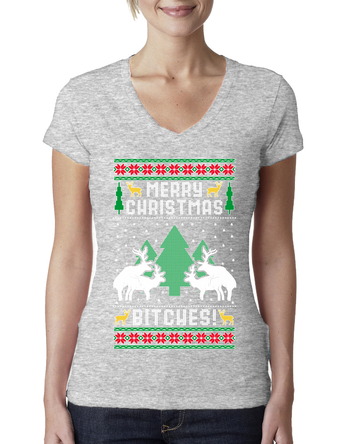 Merry Christmas Bitches Ugly Christmas Sweater Womens Junior Fit V-Neck Tee