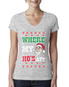 Where my Hos At Santa Funny Ugly Christmas Sweater Womens Junior Fit V-Neck Tee