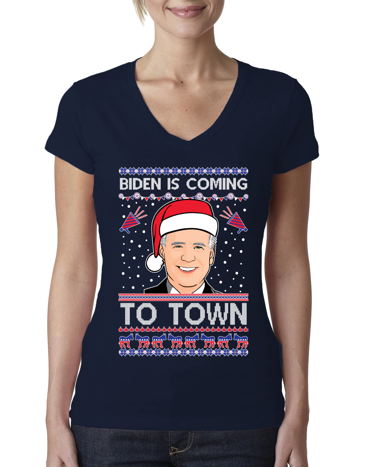 Biden Is Coming To Town Ugly Christmas Sweater Womens Junior Fit V-Neck Tee