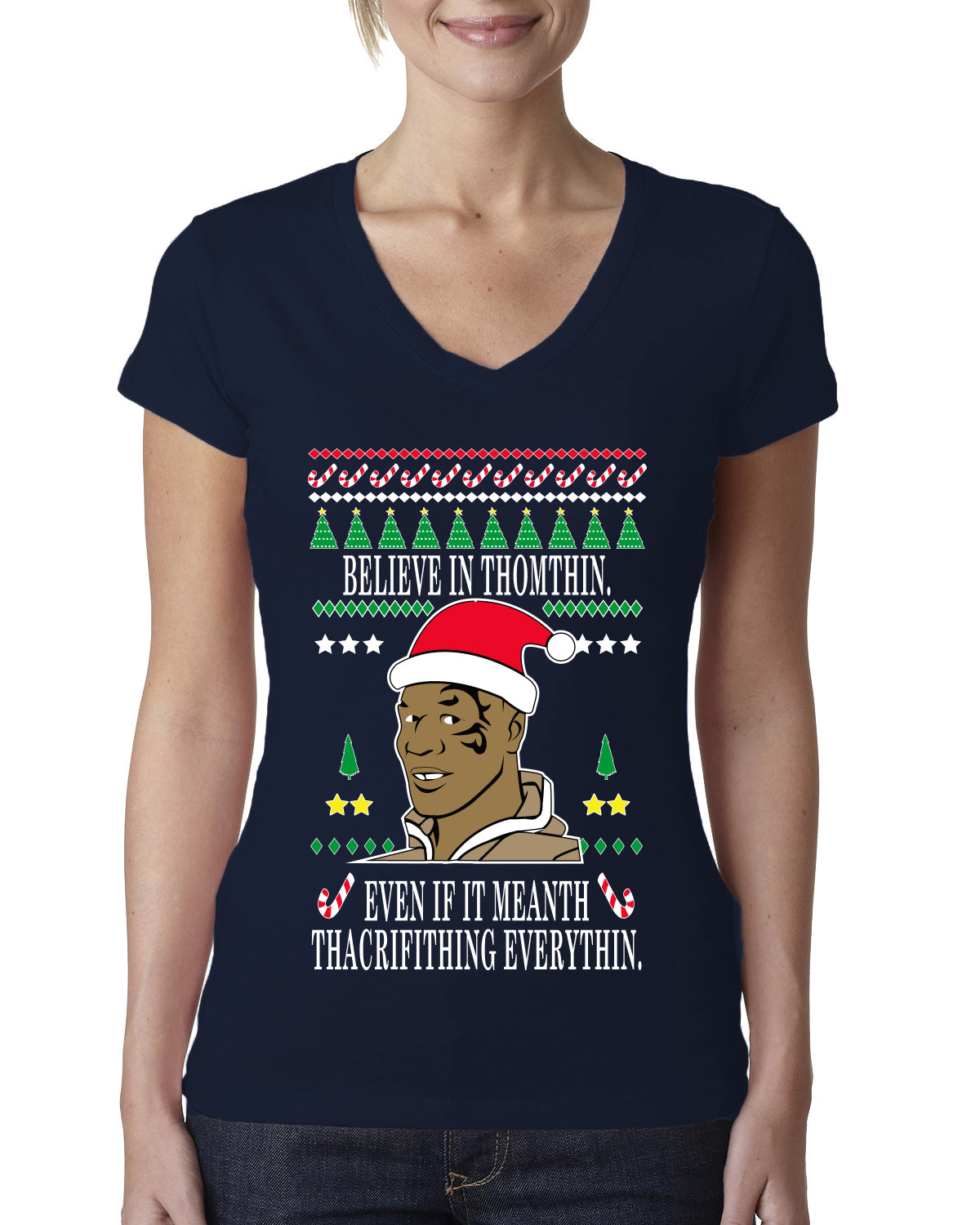 Lisp Believe In Thomthin Thacrifithing Everythin Ugly Christmas Sweater Womens Junior Fit V-Neck Tee