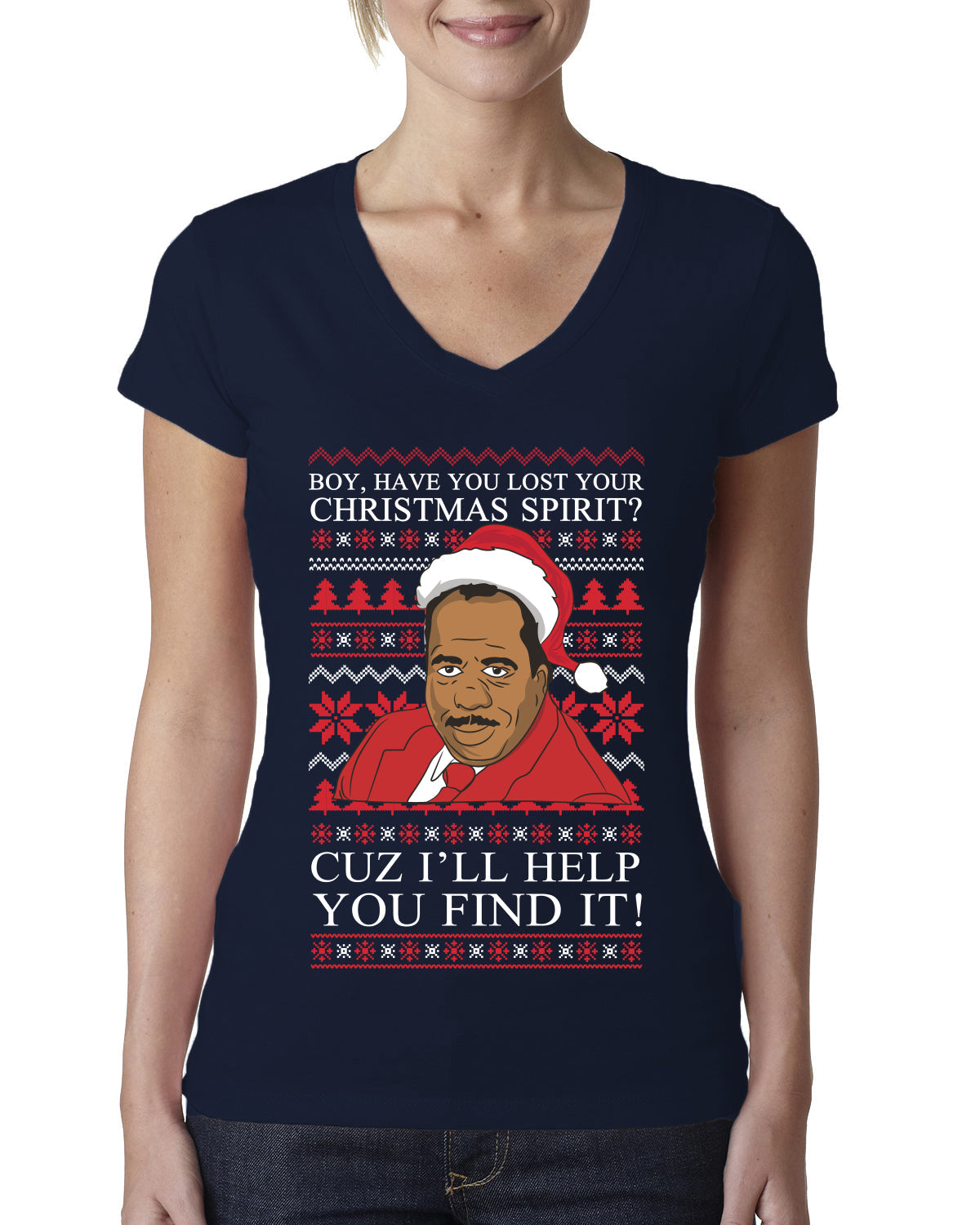 Christmas Spirit I'll Help You Find It Stanley Hudson Ugly Christmas Sweater Womens Junior Fit V-Neck Tee