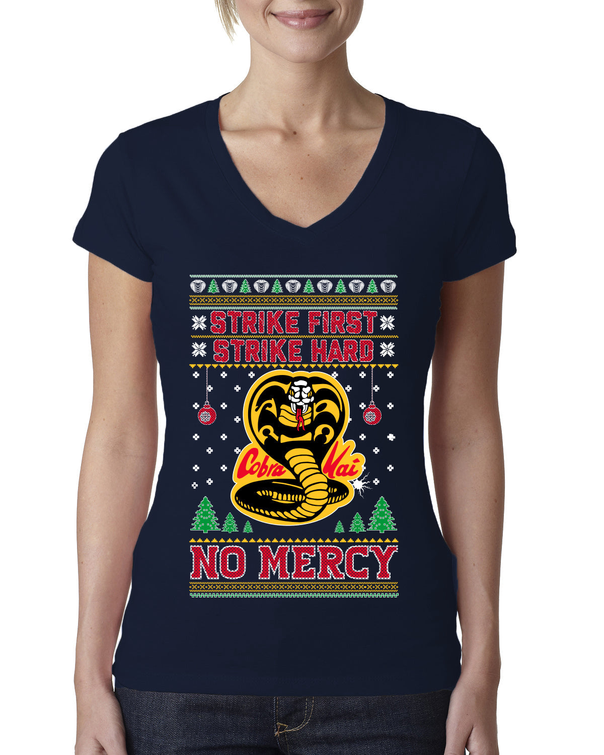 Strike First Strike Hard No Mercy Xmas Ugly Christmas Sweater Womens Junior Fit V-Neck Tee
