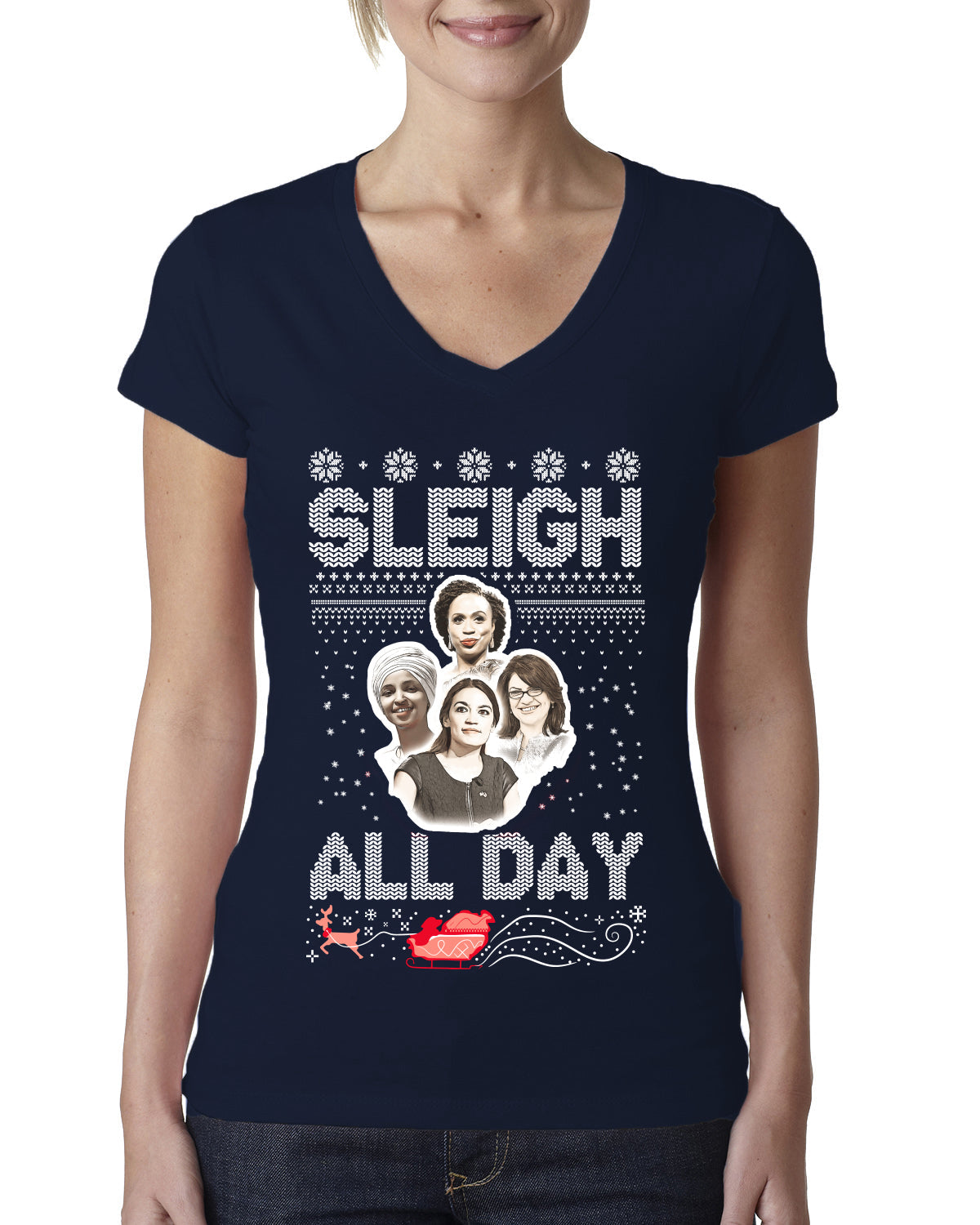 AOC The Squad Congresswomen Sleigh All Day Xmas Ugly Christmas Sweater Womens Junior Fit V-Neck Tee
