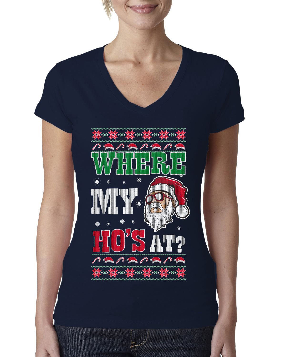 Where my Hos At Santa Funny Ugly Christmas Sweater Womens Junior Fit V-Neck Tee